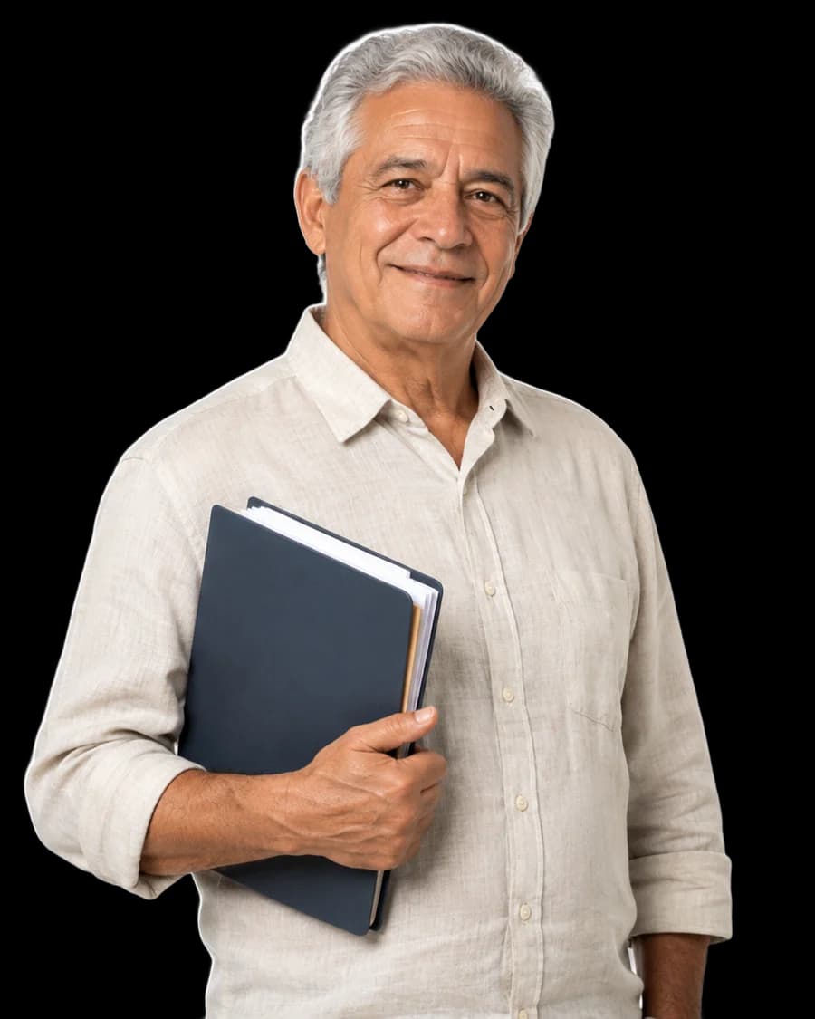 Senhor aposentado de camisa clara, sorrindo, segurando uma pasta de documentos