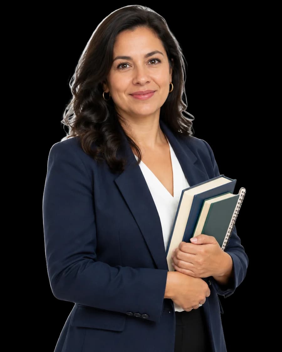 Professora de blazer azul-marinho segurando livros e um caderno